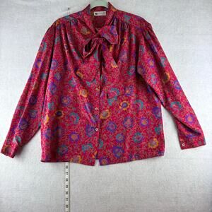Vintage Stefanie Button Bow Neck Blouse Women's 10 Red Floral Old Money Tailored